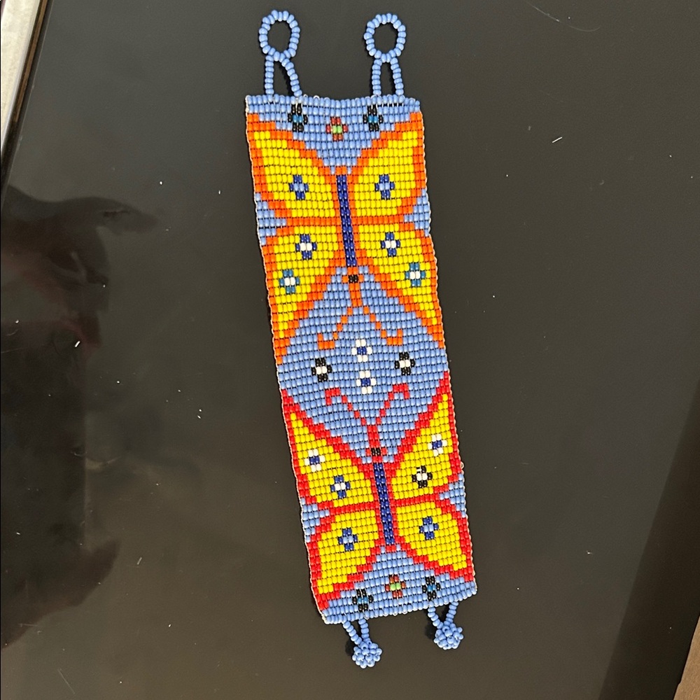 Hand Crafted Blue, Yellow and Orange Beaded Butterfly Bracelet